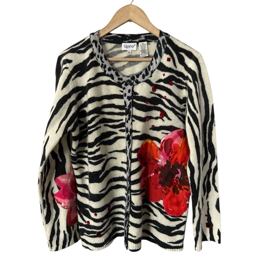 Vintage Together Lambswool Angora Animal Print Floral Mixes Media Cardigan XL